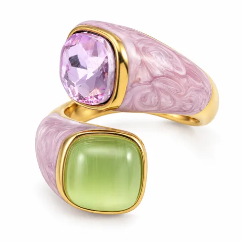 Twin Square Accent Open Ring in Purple and green / pink swirl