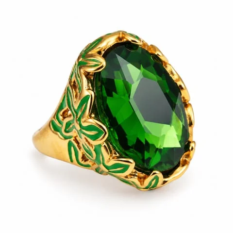Leaf Frame Oval Accent Ring in Green leaves / green center
