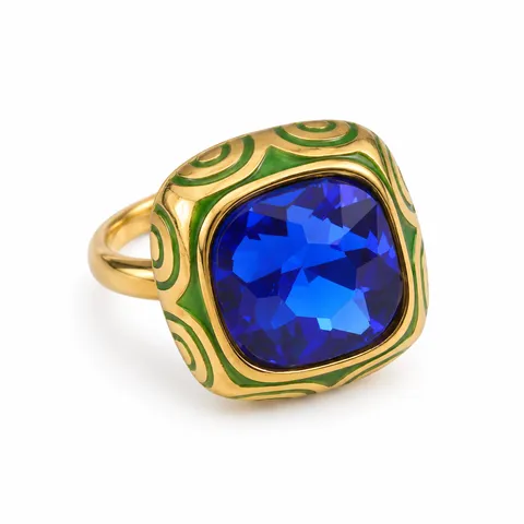 Green Swirl Square Accent Ring in Green pattern / blue center