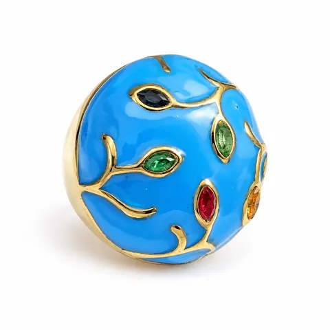 Blue Leaf Detail Dome Ring in Blue Leaf Detail Dome