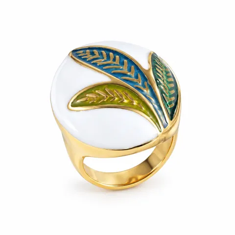 Three Leaf Color Ring in White / blue and green leaves