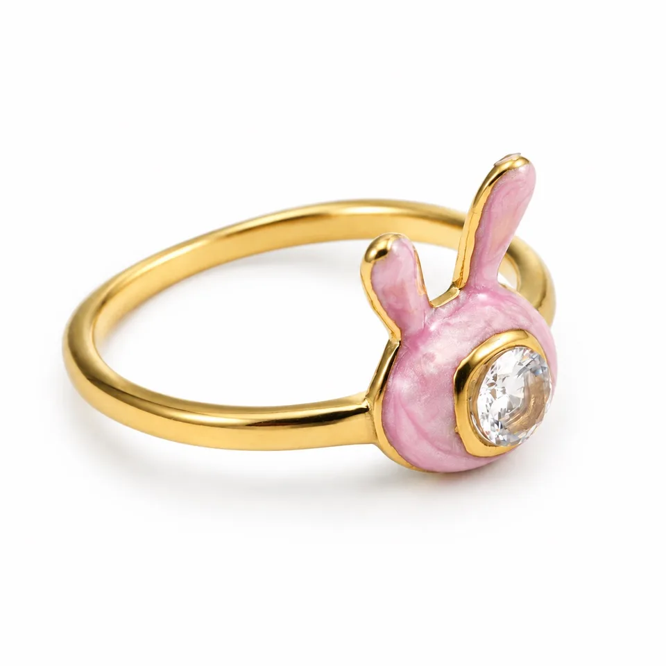 Pink Bunny Accent Ring in Pink / gold-tone